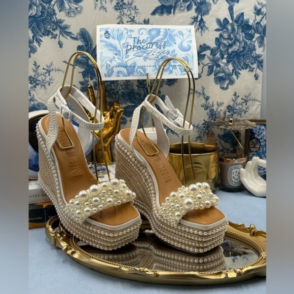 🆕 GIANNI BINI 🧿 NWOB Savanna Pearl Ornamented Platform Wedge Sandals, Sz 7.5 - Picture 2 of 12